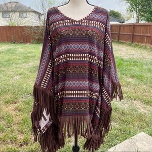 Double D Ranch Multicolor Aztec Knit Print Fringe Kimono Poncho